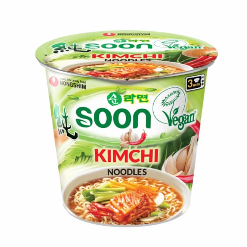 Nongshim Soon Kimchi noodle soup in a green 2.64 oz cup
